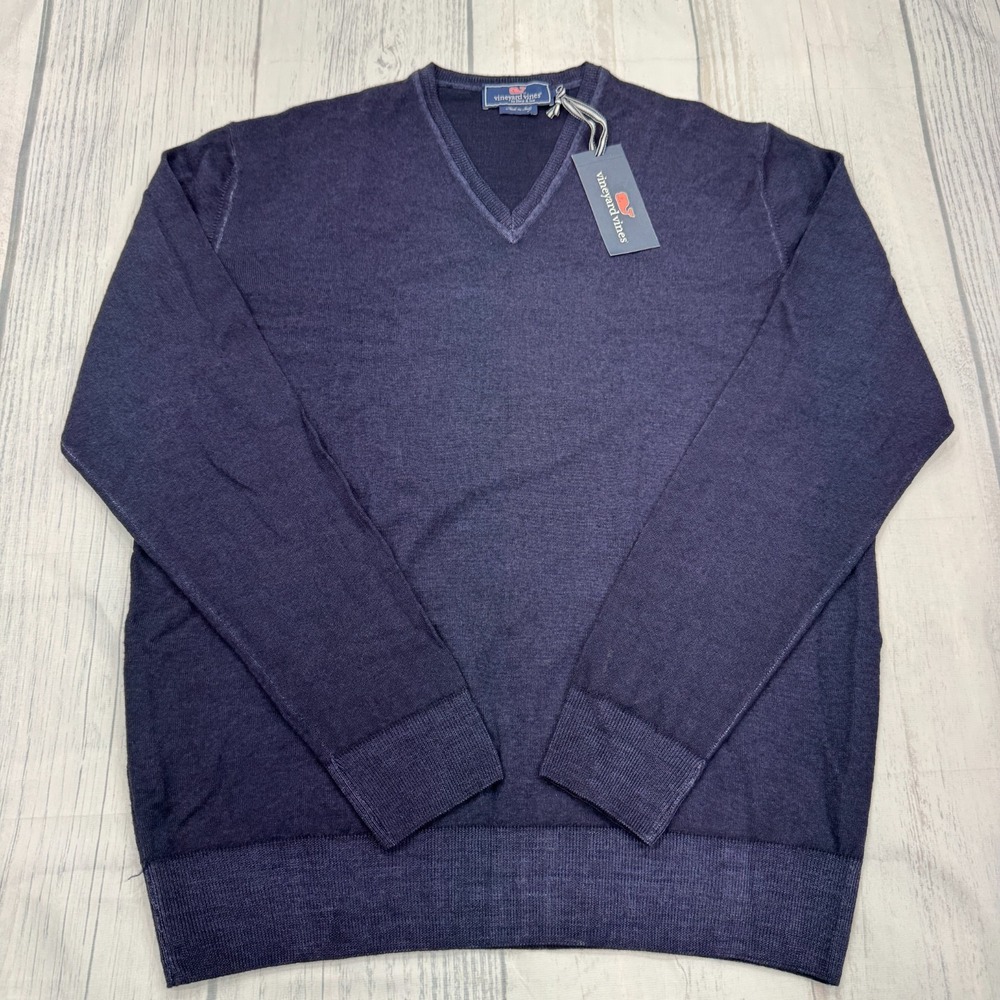 NWT Vineyard Vines Garment Dye Vneck Sweater L Blue Italy Wool‎ Golf Mens $198